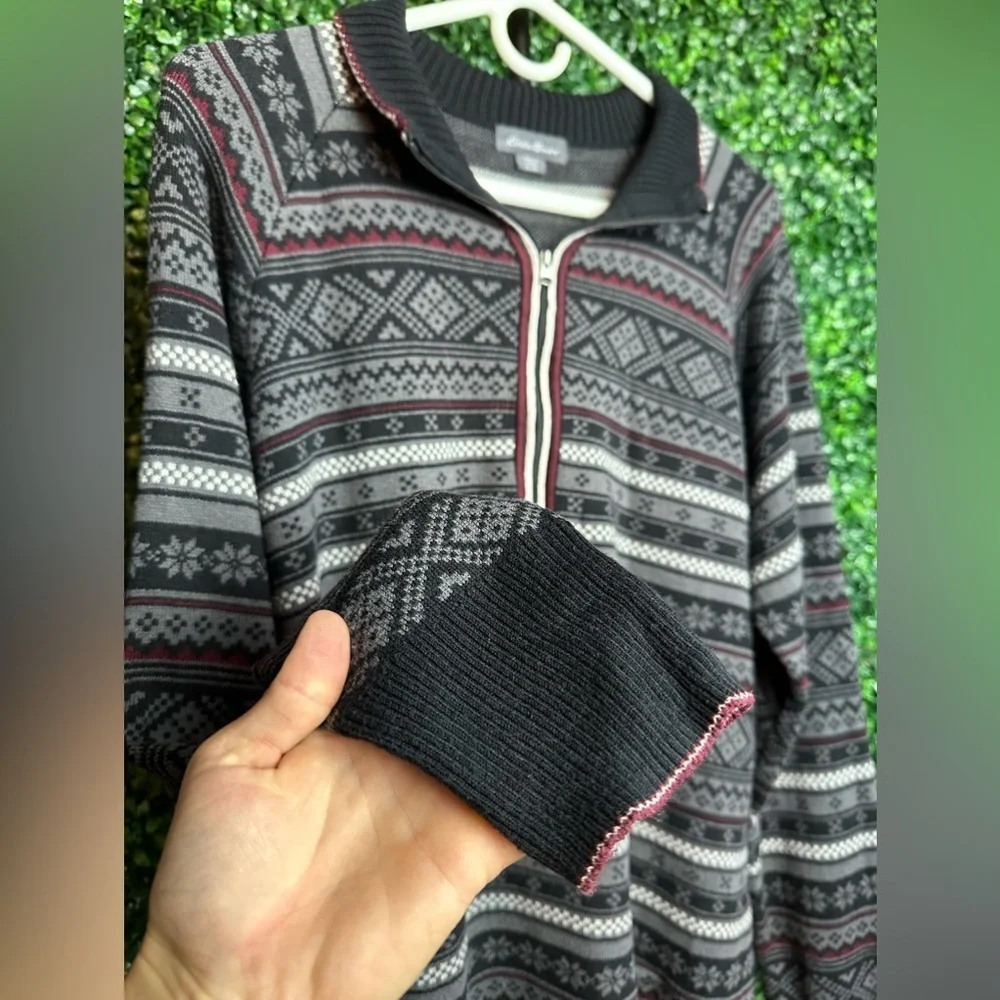 Eddie Bauer Men’s XL 1/4 Zip Black & Red Nordic Fair Isle Sweater